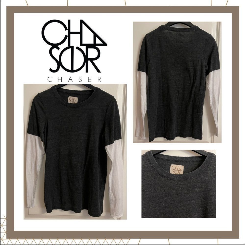 Chaser Super Soft Charcoal Grey with White Long Sleeve Tee Size XS